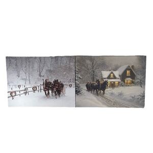 Lighted Canvas Print Horses in Winter Scene LED Switch 2 Pictures
